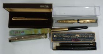 Four fountain pens comprising Waterman Ideal in original box, Onoto and two Parker examples, one