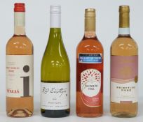 Four bottles of wine comprising Rod Easthope 2018 Pinto Gris 13% vol, Blossom Hill Rosé 11% vol,