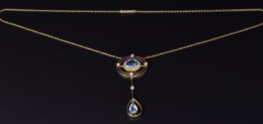 Edwardian 9ct gold necklace set with oval and pear cut aquamarines and seed pearls, 5g, length 42cm