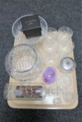 A tray of crystal and glass, rose bowl, whisky tumblers, comport, Caithness vase,