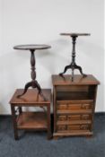 A mahogany two tier occasional table together with two mahogany wine tables and a cabinet fitted