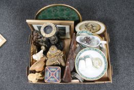A box of Eastern figures, wooden wall mask, dinner ware,