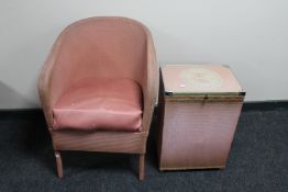 A pink loom basket chair together with a pink loom glass topped linen box