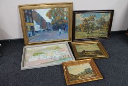 Five framed continental school oils on canvas