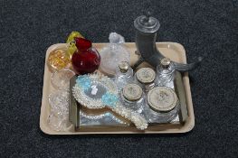 A tray of glass paperweights, Venetian glass hand mirror, glass trinket set,