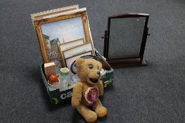 A box of glass ware, pictures, blue and white china, basket ball, nest of Russian dolls,