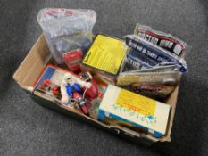 A box of vintage Fisher Price record player, vintage portable organ, Dr Who toys and magazines,