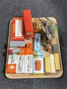 A tray of boxed and unboxed die cast vehicles, vintage Britains army figure on motor bike,