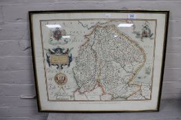 A framed Saxtons map of Lincolnshire in 1576, in a Hogarth frame,