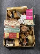 Two boxes of brass ware, cottage teapot, Royal Albert piano, picture frames,