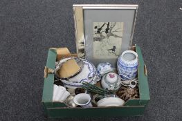 A box of miscellaneous - Japanese prints, blue and white tureen,