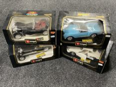 Four boxed Burago 1/18 scale die cast vehicles : Lancier Spider, Mercedes Benz Roaster,