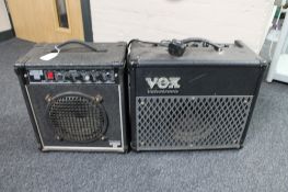 A Vaux Valvetronix guitar amplifier and a Torque Acoustics T12 guitar amplifier