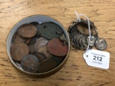 A tub containing coin bracelet, pre-decimal coins,