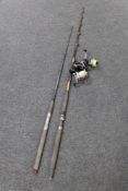 Two boat rods together with three reels - Mitchell 624 multiplier and two fixed spool reels