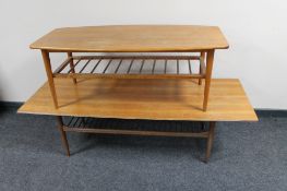 Two mid century teak coffee tables with undershelves
