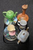 A tray of terracotta hand painted lidded vase, Sadler teapot, Wadeheath Art Deco jug,