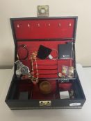 A jewellery box containing wristwatches, costume jewellery, chains, Festival Brass band badge,