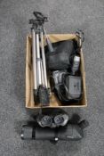 A box of 60 x 60 spotting scope on stand, three sets of binoculars,
