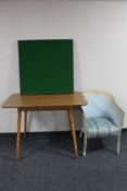 A mid 20th century melamine topped kitchen table together with a loom painted armchair and folding