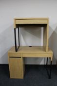 An Ikea oak effect single pedestal desk and an Ikea computer table