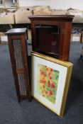 Two gilt framed prints together with a contemporary CD rack and mahogany corner display cabinet