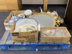 A pallet of four boxes of tea china, glass ware, blue and white meat plate,