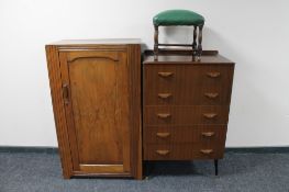A walnut linen chest together with a mid century five drawer chest and leather footstool