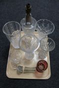 A tray of assorted glass and lead crystal, table lamp, vases, knife rests,