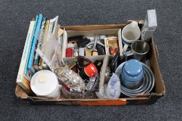 A box of die cast vehicles, plated wares, kitchenalia,