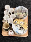 A tray of Wedgwood collector's plates - four seasons, working horses, six china mugs,