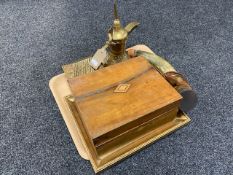A tray of Victorian walnut writing slope, gilt framed oil on panel still life,