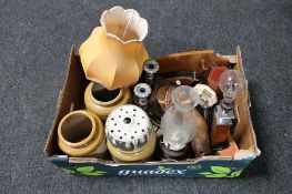 A box of antique stoneware kitchen jars, clothes brushes, Art Deco style lamp,