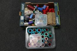 A box and tub of haberdashery items,