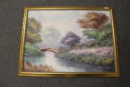 20th century school: River landscape with bridge, oil on board, indistinctly signed, 56cm by 79cm.