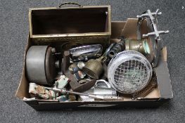 A box of antique and later metal ware, brass embossed magazine rack, cobbler's last,