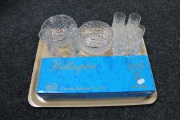A tray of Bohemia and Stuart Crystal rose bowls, pair of Bohemia crystal vases,