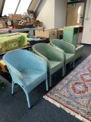 Three painted loom chairs together with a loom blanket box and two loom bedside cupboards