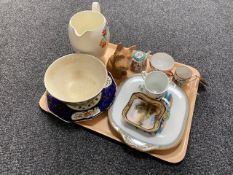 A tray of assorted antique and later china, Imari lustre plate, Victorian pudding bowl,