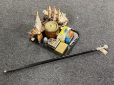 A tray of two wooden ship's on stands, wooden biscuit barrel, Vanguards die cast car, hip flask,