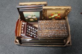 A storage box, three framed oils on panels,