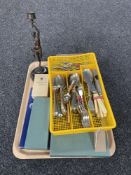 A tray of carved wooden wall plaque, cased Viner's Love Story cutlery set, further boxed cutlery,