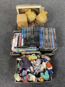 Two boxes containing clown ornaments and doll's, Ringtons teapot, pair of table lamps,