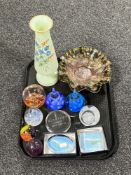 A tray of two carnival glass bowls, hand painted antique glass opaque vase,