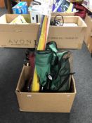 A box of tent, ground sheet, folding outdoor chair,