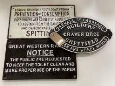 Three cast iron railway plaques