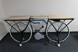 A reclaimed pine hall table on Norton style motorcycle base