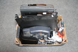 A box of Samsung VCR, Sony blu-ray player with remote, routers, third party playstation controller,