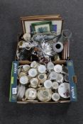 Two boxes containing Noritake tea service, English tea service, figurines, framed prints,