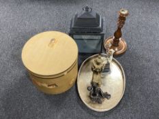 A silver plated twin handled serving tray, contemporary lovers figures,